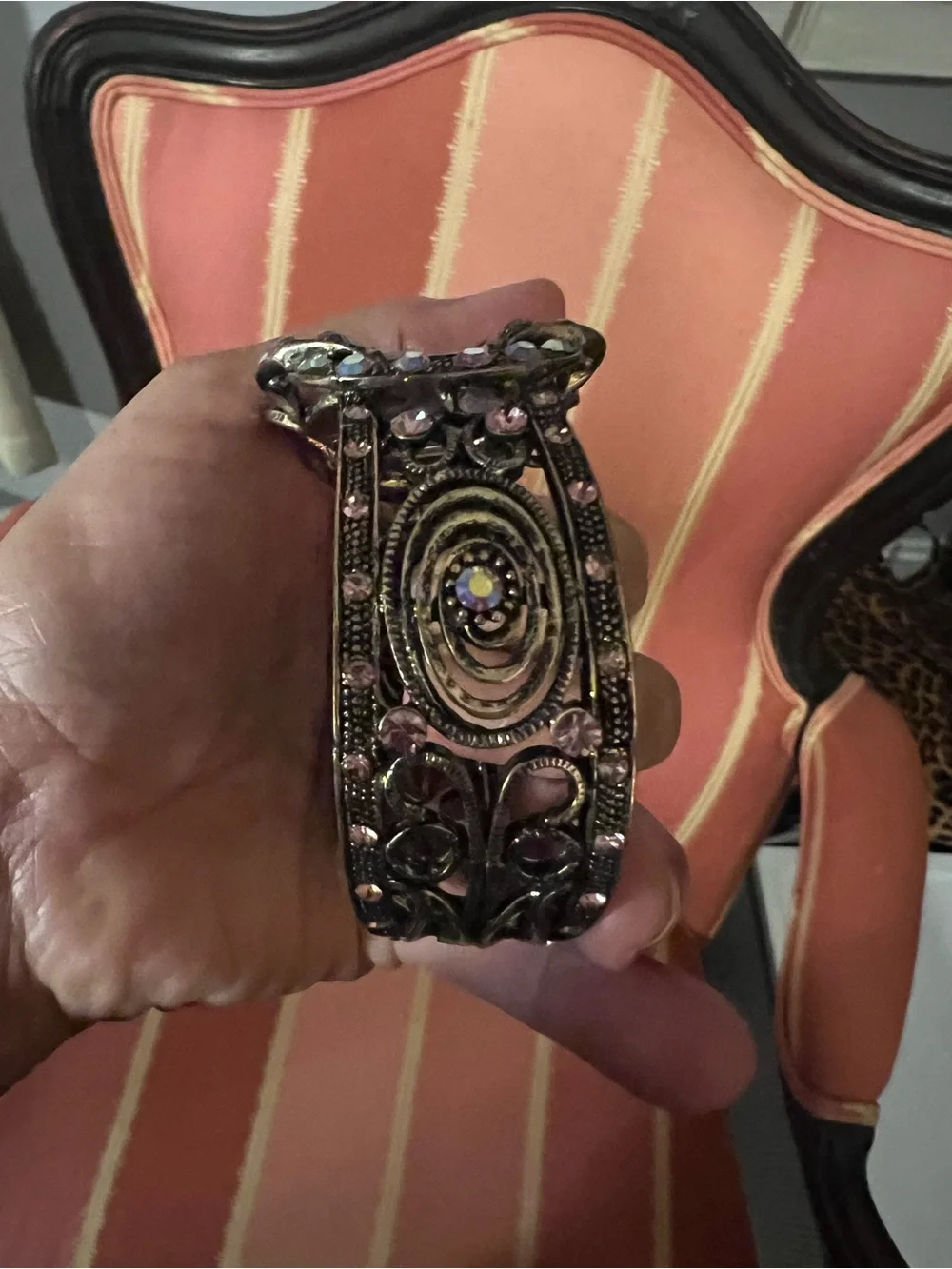 Vintage SDLZ Signed Cameo Clamper Cuff Bracelet Purple AB Rhinestone Victorian